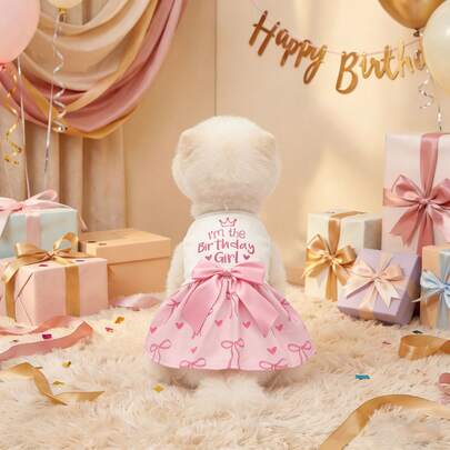 1pc Pink "I'm The Birthday Girl" Pet Dog Dress, Bow & Heart Print Pet Party Dress, Suitable For Small/Medium Dogs, Cats, Birthday Gift