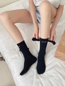 1/2/4/5/10双装女士黑白磁性情侣袜，可爱自动吸附式中筒袜，春秋季 - 黑與白 - 查看 13