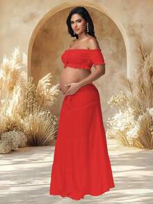 JustVH Set de 2 piezas de top corto con hombros abiertos y volantes en el bajo y falda larga fluida para maternidad, adecuado para fotografía y uso en la playa en primavera - Rojo - Ver 6
