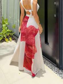 Women's Casual Linen Floral Print Skirt, Elastic High Waist Loose A-Line Flared Skirt, Elegant Summer Dress For Romantic Date, Wedding & Vacation - 白色 - 查看 4