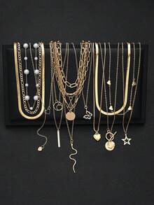 11/13/24pcs Fashion Minimalist Elegant Star, Heart, Snake, Water Drop, Bow, Faux Pearl, Rhinestone Necklace, Bracelet Jewelry Set, Gold Color, Suitable For Holiday, Party, Banquet, Birthday Gift, Daily Wear - Yellow Gold - View 8