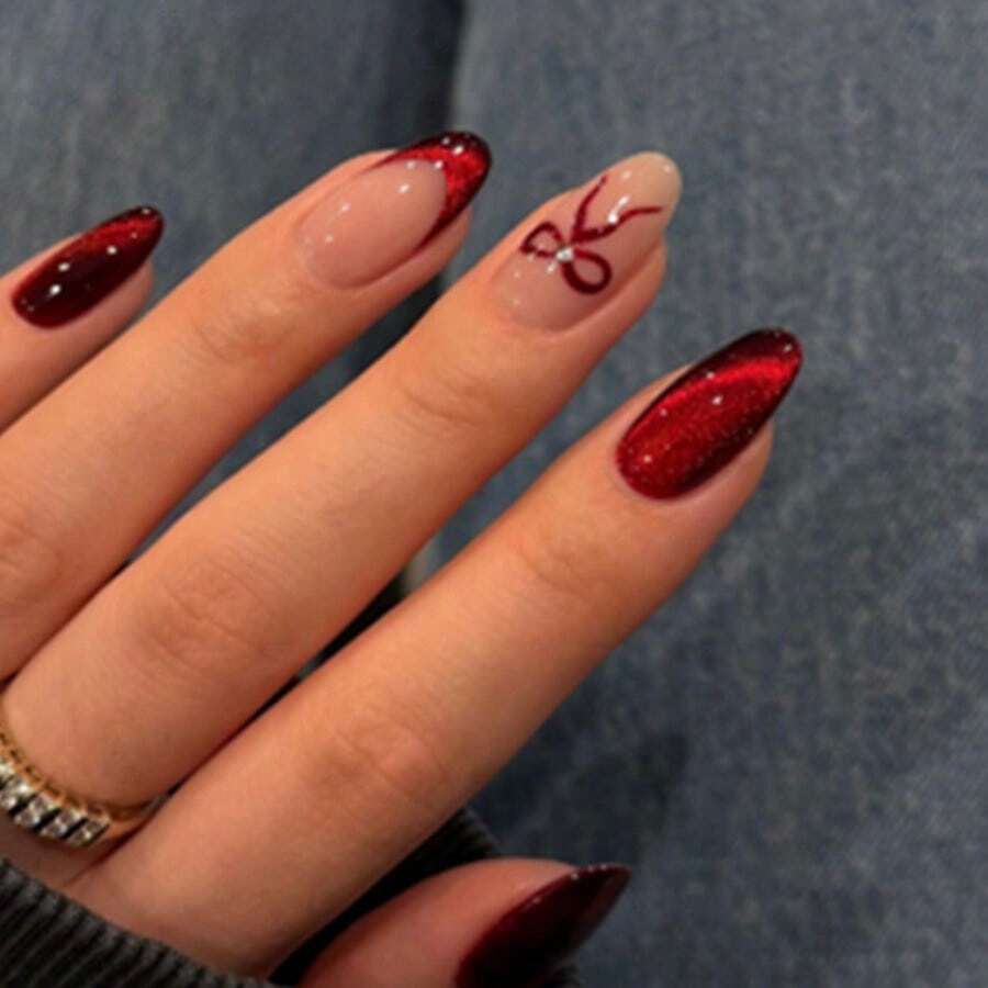 Burgundy Cat Eye French Bow Elegant Sweet Versatile European And American Style Detachable Manicure, Keeps You Radiantly Beautiful All The Time - Multicolor - View 1