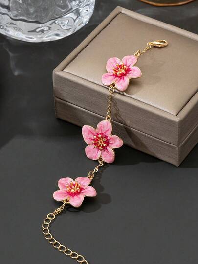 1pc Summer Vacation Style Elegant Pink Enamel Flower Shaped Women's Bracelet, Wedding Gift