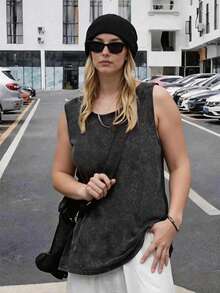 Women's Sleeveless Washed Tank Top, Street Style, Cool Boyfriend Style,Women's Casual Cotton Sleeveless Round Neck Regular Fit T-Shirt Top Summer Essential - màu đen - Xem 2
