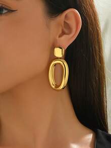 1 Pair Minimalist Elegant Oval Design Earrings, Smooth Lines Natural Golden Tone Shiny And Luxurious, Enhancing Overall Fashionable And Graceful Look - Earring - View 2