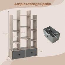 COSTWAY Tree Shaped Bookcase With Drawer, Free Standing Bookshelf With 7 Open Storage Shelves, Tall Display Rack With Bookshelves For Living Room, Bedroom, Home Office, Grey - A - View 2