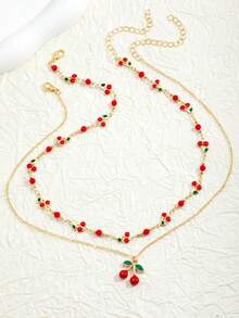 两件套新鲜甜美的红樱桃水果项链，配有油滴吊坠，双层设计，可佩戴 - 櫻桃項鍊 - 查看 2