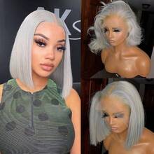 100% Human Hair Women's Soft Silver Gray Straight Bob Wig, Hair Density 180, Length 10 Inches 12 Inches 14 Inches, 13x4 High Definition Transparent Lace Front Wig, Pre-Trimmed Natural Hairline, Lace Front Wig With Bangs/Middle Part/Side Part Options - S1/Gray - View 5