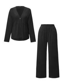 Vellofy Women's Summer Yellow Linen Casual 2-Piece Set, V-Neck Single Button Ruffle Top With Wide Leg Pants, Beach Vacation Style - Black - View 3
