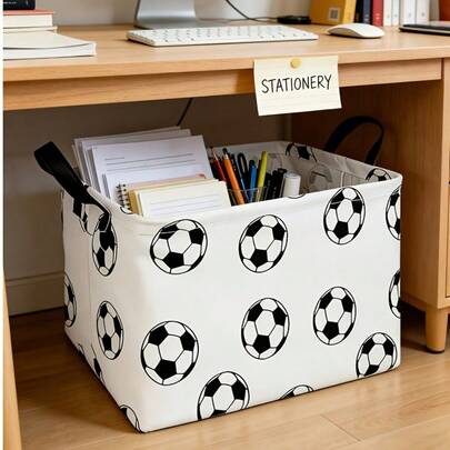 1/2pcs Durable Foldable Rectangular Storage Basket With Football Pattern | Fabric Storage Box For Toys, Clothes Etc. - Modern Space-Saving Design With Handle, Laundry Room Accessory, Laundry Basket. Portable Clothes Storage Box