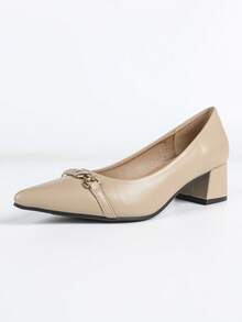 女士尖头优雅粗跟套脚时尚高跟鞋 - 杏色 - 查看 7