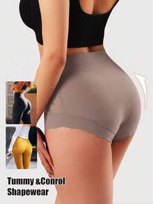 高腰塑身内裤，女士无缝防卷边蕾丝提花提臀塑身内裤 - 駝色 - 查看 3