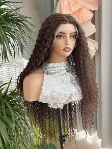 13*4*1 Inch Deep Brown Long Curly Lace Front Wig, Glueless Lace Curly Wig, Pre-Plucked, Deep Wave Lace Front Wig, Afro Kinky Curly Synthetic Lace Wig, 34 Inches - Brown - View 6