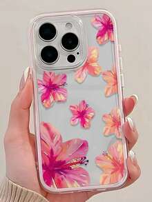 1pc Vibrant Lily Flower Pattern Pink Edgy Transparent Full Coverage Shockproof Fashionable Phone Case, Suitable For IPhone 11 12 13 14 15 16 17 Pro Max/Plus, Gift - Multicolor - View 5