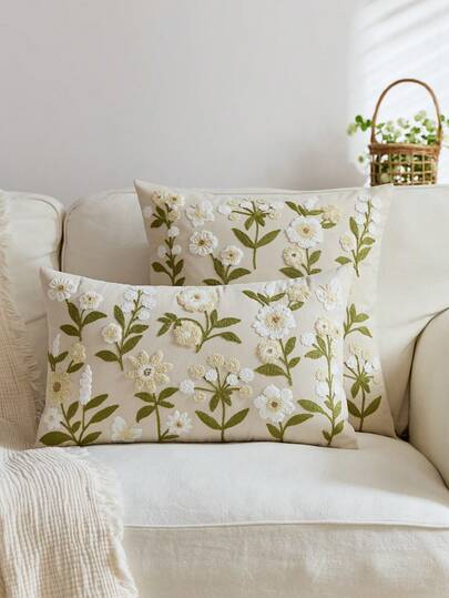 1件米色春季花卉刺绣抱枕套，春夏蝴蝶野花图案，适合室内装饰，四季通用枕套，不含枕芯