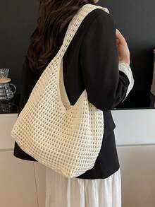 Women's Aesthetic Crochet Beach Shopper Tote Knitted Net Underarm Bag For Summer Versatile Shoulder Bag Women's Shoulder Bags Casual Woven Ladies Handmade Totes Large Capacity Summer Beach Female's Messenger Bag , Beach Bag , Crochet - Beige - View 4