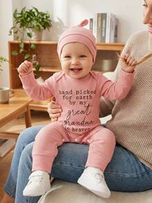 Newborn Baby Boys Girls Hospital Going Home Outfit Baby Shower Outfit For Grandma Grandpa Clothes Hand Picked For Earth By My Grandpa Grandma In Heaven Rib Knit Romper Jumpsuit Hat Set - 粉紅奶奶 - 查看 2
