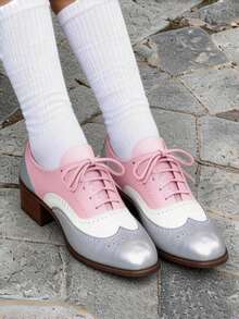 Comfortable Womens Classic Oxfords Lace Up Chunky Heel Oxfords Business Formal Wingtip Brogue Dress Shoes For Women - Hồng - Xem 4