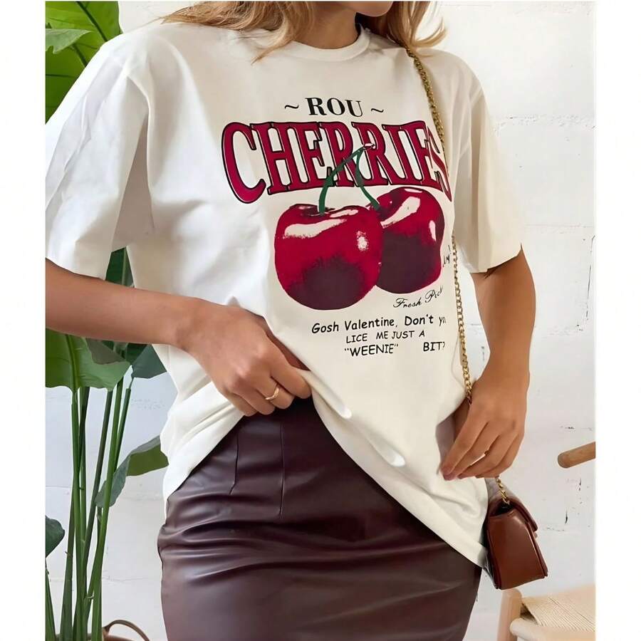 Women's Elegant T-Shirt With Cherry Print And Phrases, Premium Cotton 30.1 - trắng - Xem 1