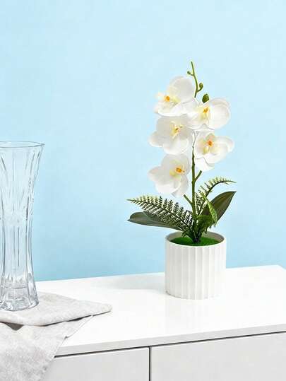 1 chậu lan Phalaenopsis nhân tạo, cao 29cm, màu xanh lá cây, thích hợp để trang trí bàn làm việc, chụp ảnh, hoặc trang trí không gian.