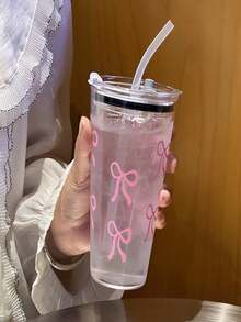 Cute Pink Bow Reusable Plastic Cup With Lid And Straw, Unisex For Office, School, Birthday Party, Water Bottle - Multicolor - View 2