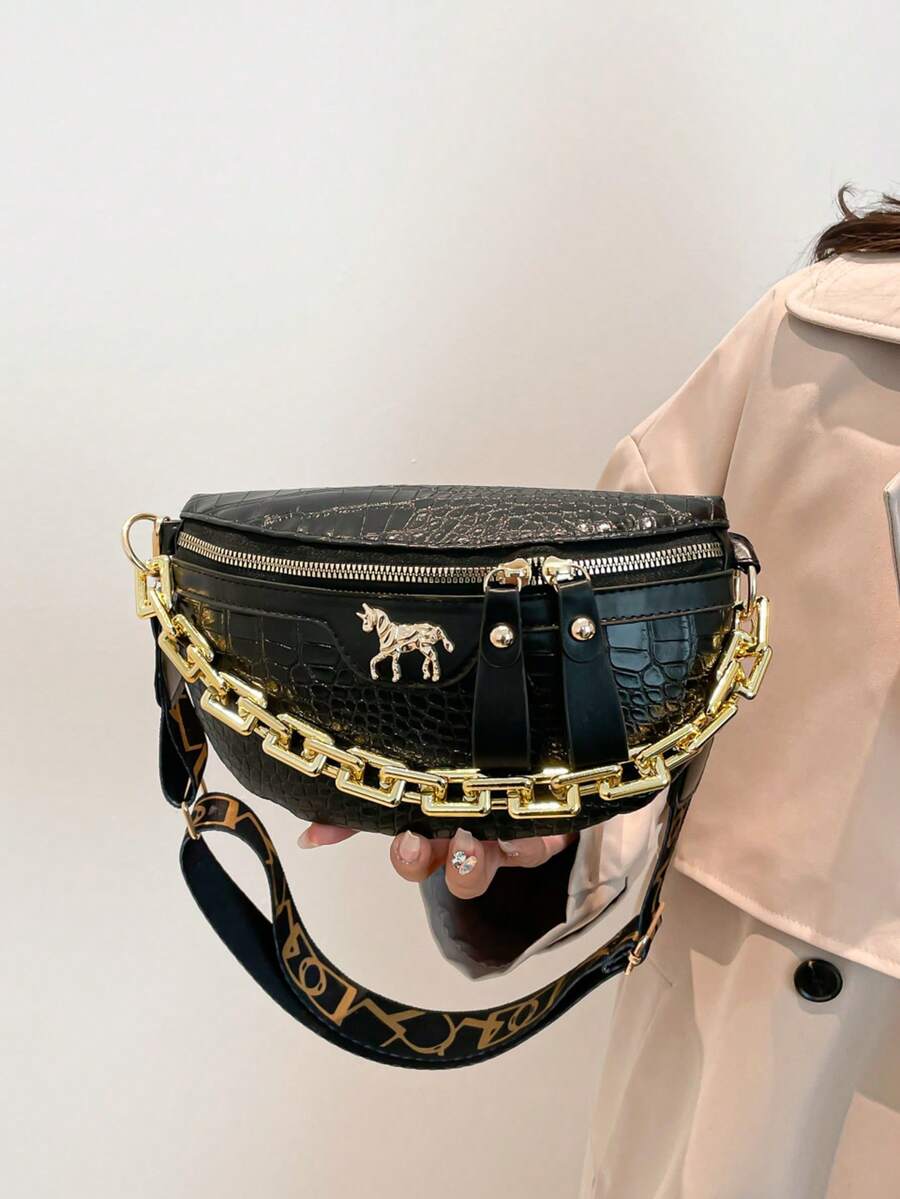 Women Fashion Fanny Pack Shoulder Bags Thick Metal Chain Waist Bags Crocodile Pattern Chest Bags - Black - View 1