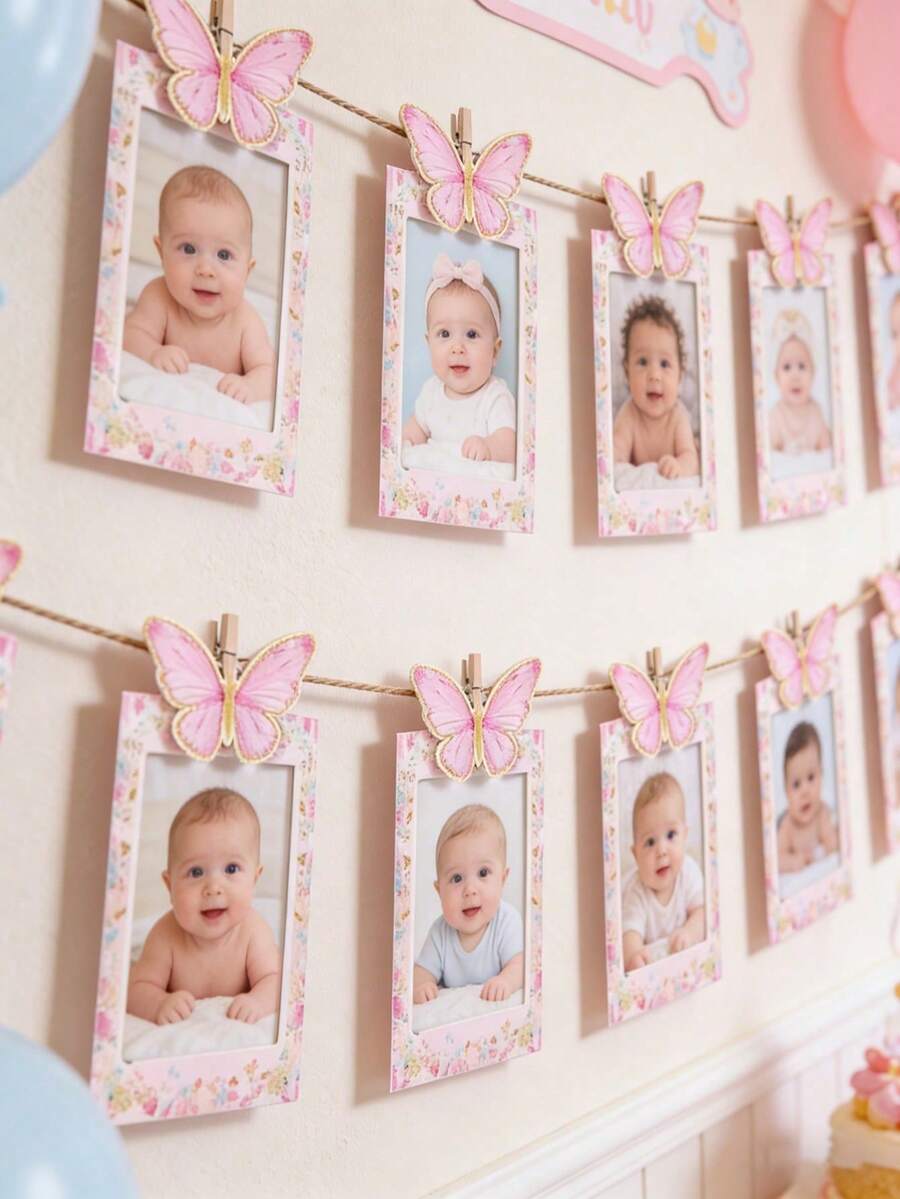 1套粉色蝴蝶主題1歲生日派對拍照道具橫幅，適用於女嬰1歲生日派對裝飾、嬰兒洗禮、性別揭曉派對、婚禮裝飾、DIY嬰兒房裝飾、蝴蝶主題派對用品、生日禮物、派對小禮品、居家裝飾