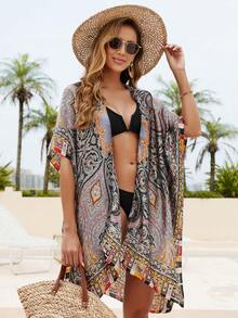 1pc Women's Retro Elegant Bohemian Style Paisley Print Faux Silk Kimono Cover Up, Casual Beach Cover-Up For Spring/Summer - Multicolor - View 2