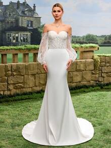 Đầm dạ hội trang trọng tay cánh hoa, đầm cưới đuôi cá, đầm cô dâu - trắng - Xem 6