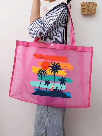 Beach Sunset Coconut Tree Handbag Set, Tote Bag For Women, Beach Bag, Essential For Vacation,With Zipper Closure, Toiletry Bag,Travel Essentials,Cosmetic Storage Bag,Summer Protection,Portable Wash Bag For Women & Girls, Ideal For School, Vacation, Holiday & Back To School Use, Perfect Gift For Mother, Teacher, Nurse & Friends