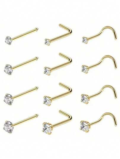 4 piezas de 1.5/2/2.5/3mm Joyas de piercing de nariz con circonita cúbica brillante, accesorios de piercing en forma de I/L/S para la nariz y la oreja