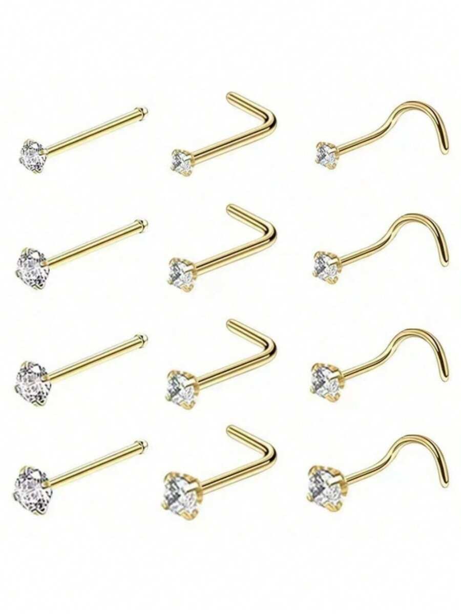 4pcs 1.5/2/2.5/3mm Shiny Cubic Zirconia Nose Piercing Jewelry, I/L/S Shape Nose Bone & Ear Piercing Accessories - Nose Stud Set - View 1