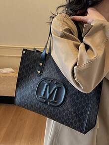 新款时尚复古M品牌装饰单肩手提包，便携手提包，适合女性购物、通勤上班和日常使用 - 黑色 - 查看 4