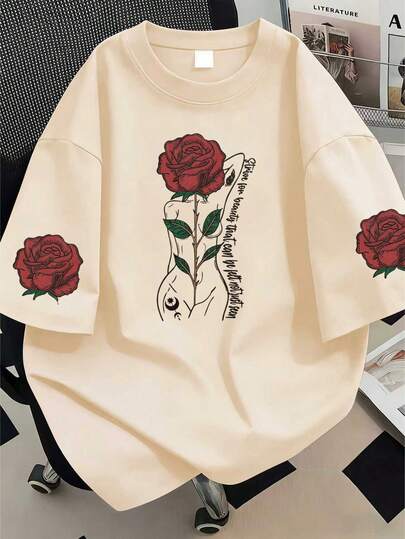 玫瑰印花圆领加大码女式休闲夏季时尚印花短袖T恤