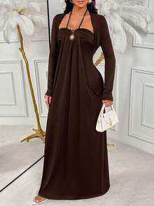 Elegant Office 2 Pieces Set: Long Sleeve Top + Hooded Long Tube Dress Summer - Coffee Brown - View 4