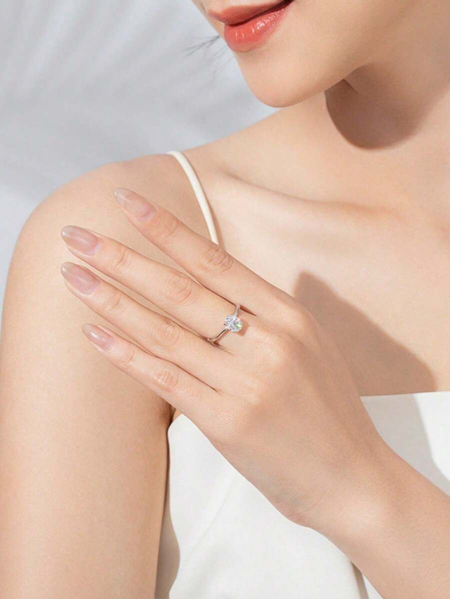 1pc S925 Sterling Silver Ring, Fashionable Women's Minimalist Luxury 2 Carat Oval Simulated Diamond Platinum Plated Band - Silver - View 1