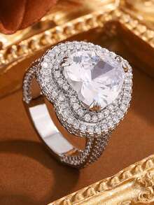 奢华心形几何立方氧化锆戒指，情人节送给女性的珠宝礼物 - 白色 - 查看 5