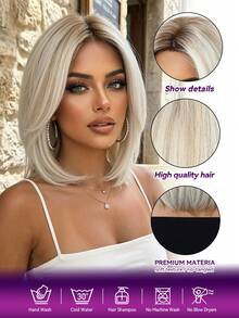 12 Inch Ash Blonde With Platinum Highlights Bob Wigs For Women, Machine Made Heat Resistant Synthetic Wig With Bangs - Gold - View 8