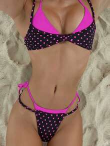 Bộ bikini 2 mảnh chấm bi, kiểu cổ yếm, cạp cao, thích hợp cho kỳ nghỉ hè 2026. - Màu Hồng Tươi - Xem 8