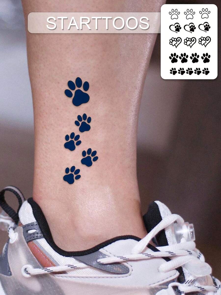 极简心形爪印草本汁半永久魔法纹身贴纸，细线临时纹身，7-14天防水不反光纹身贴纸，仿真纹身，1张 - 藍色 - 查看 1