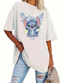 Disney, Stitch, Lilo & Stitch, I Am Amazing, Graphic Tee, Oversized T-Shirt, Crew Neck, Side Slit, Women's Top, Casual Wear, Spring Summer, Japanese Style, Cartoon Print - trắng - Xem 1