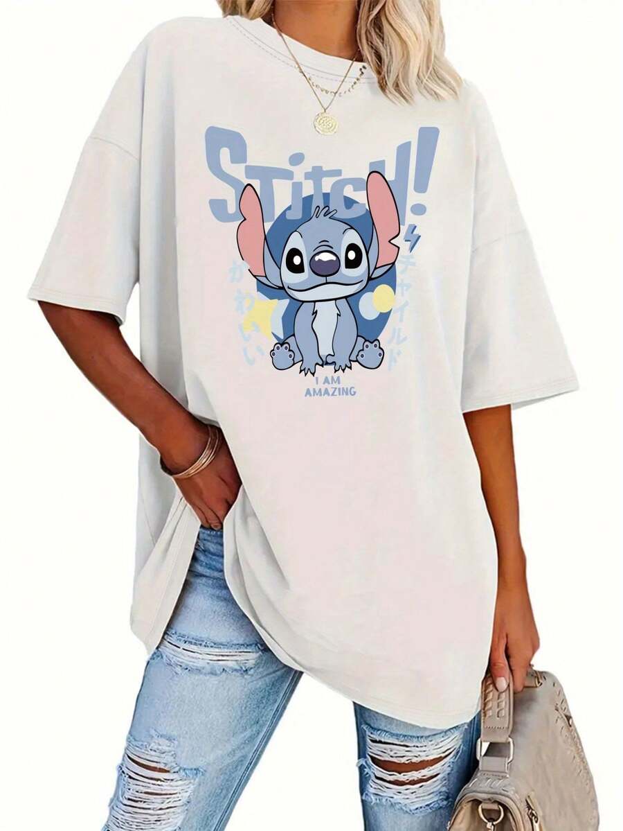 Disney, Stitch, Lilo & Stitch, I Am Amazing, Graphic Tee, Oversized T-Shirt, Crew Neck, Side Slit, Women's Top, Casual Wear, Spring Summer, Japanese Style, Cartoon Print - trắng - Xem 1