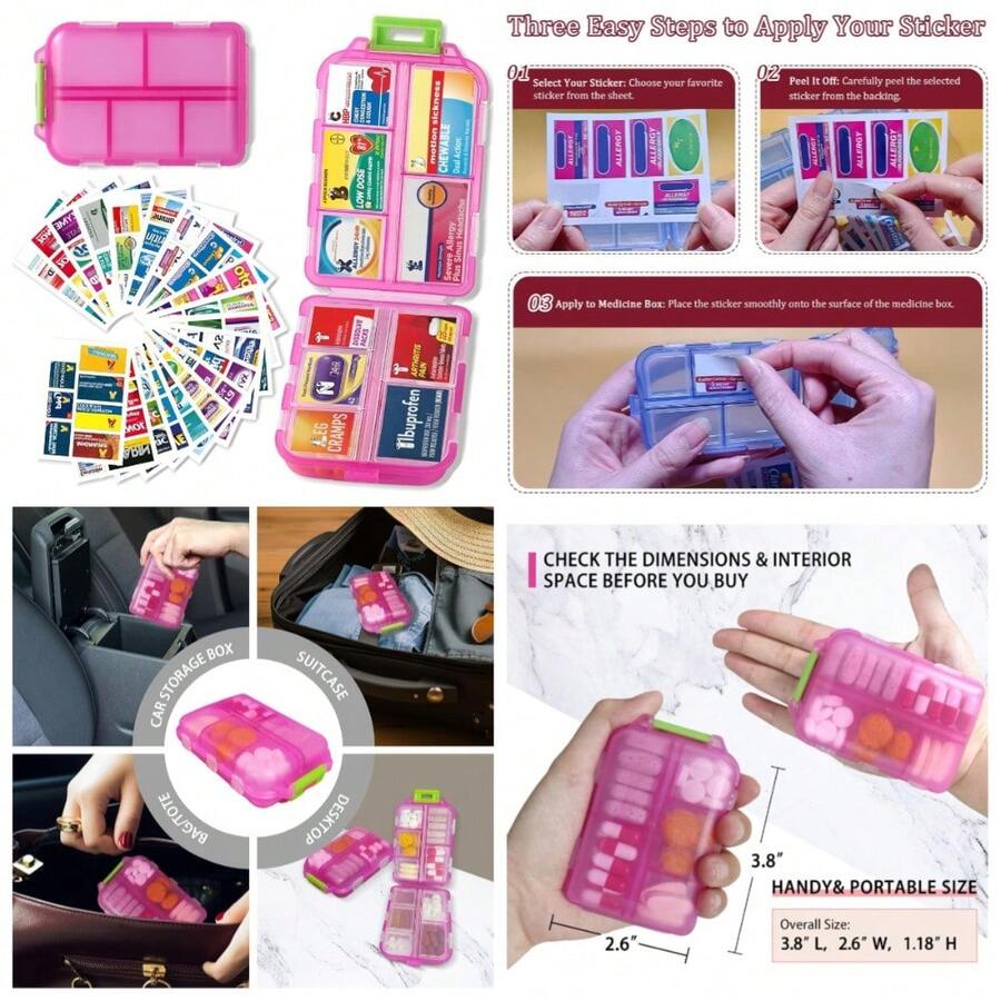 Weekly Pill Organizer With 7 Day Travel Pill Case And 161 Medicine Labels Mini Portable Medication Reminder Storage Box Pink - 1 - Xem 1