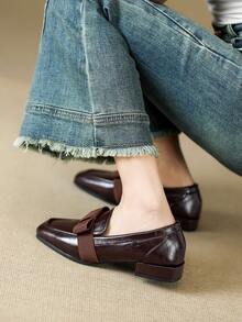 女士方头平底乐福鞋，复古风套脚穆勒鞋，休闲粗跟学院风鞋 - 酒紅色 - 查看 5