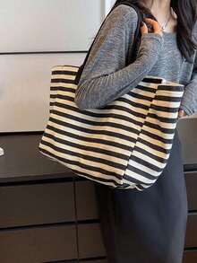 Simple Stripe Design Tote Bag For Girls Women Canvas Shoulder Bag Ladies Shopping Bags High Quality Handbags School Tote Bag, Portable, Foldable, Business Casual, Suitable For Teen Girls Women College Students, Teacher, Rookies & White-Collar Workers College, Vacation, Beach, Holiday, Shopping, School Handbag, School Bookbag, Back To School Bags, Large Capacity, Lightweight, Classic Casual, Perfect For Back To School, First Day Of School, Holiday, Tote Bags For School, College Essentials , Teacher Gift ,Vacation Essentials , Beach Bag, Vacation - 黑與白 - 查看 2