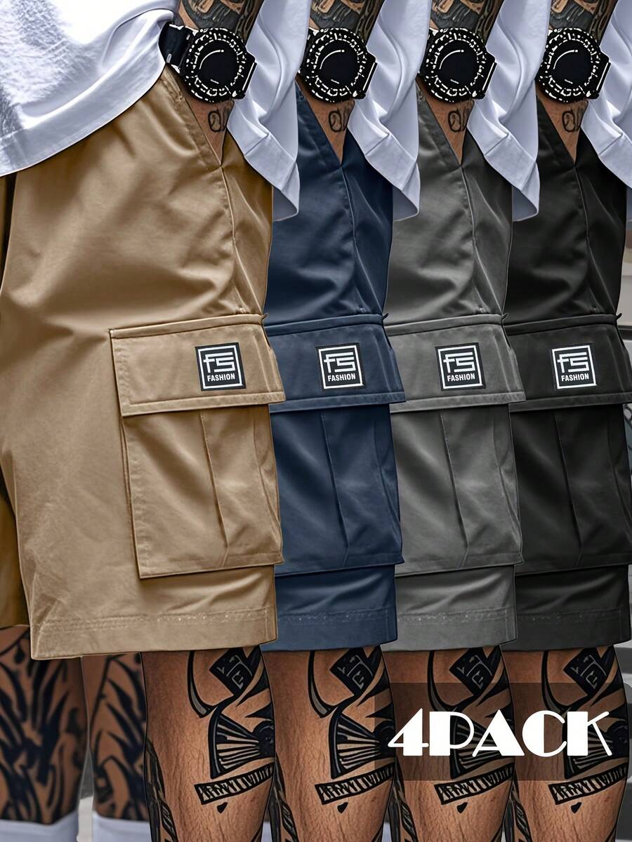 4-Pack Men's Cargo Shorts With Multi-Pocket Design. Loose-Fitting, Non-Stretch, Solid Color. Suitable For Casual Wear And Summer Casual Shorts. - 黑色+藍色+卡其色+灰色 - 查看 1