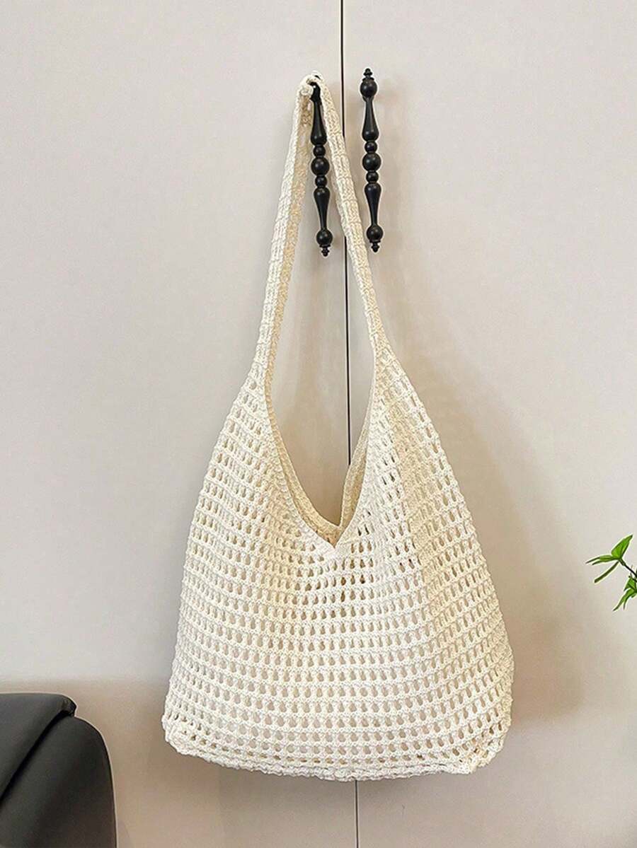Women's Aesthetic Crochet Beach Shopper Tote Knitted Net Underarm Bag For Summer Versatile Shoulder Bag Women's Shoulder Bags Casual Woven Ladies Handmade Totes Large Capacity Summer Beach Female's Messenger Bag , Beach Bag , Crochet - Màu be - Xem 1