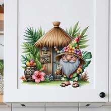 Autocollants de fenêtre thème été avec un gnome debout devant une maison de plage. Parfaits pour décorer les surfaces vitrées et les réfrigérateurs. Ces autocollants de fenêtre sont idéaux pour la maison, le bureau et les fournitures de fête - A - Voir 5