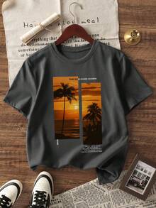 3件套男童休闲印花圆领短袖T恤，夏季学生青少年服装 - 日落棕榈树印花T恤为每个孩子带来欢乐和幸福！ - 深灰色 - 查看 4
