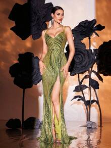 Women's Shiny Green Sequin Sleeveless Spaghetti Strap Backless Criss-Cross Tie High Slit Mesh Insert Mermaid Party Evening Dress - Green - View 4